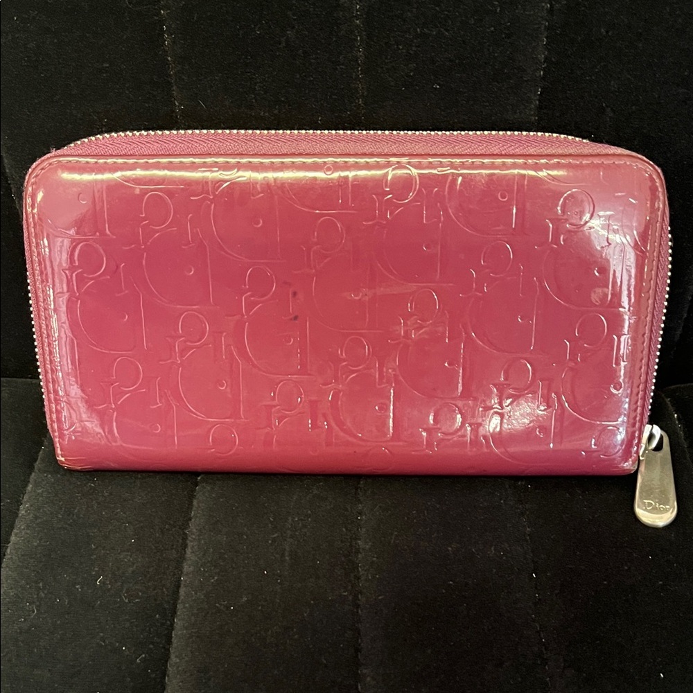 Dior Purple Patent Leather Embossed Zip Wallet